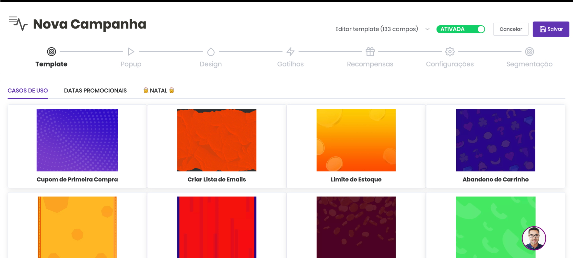 Galeria de Templates — escolha entre Casos de Uso, Datas Promocionais e outros modelos