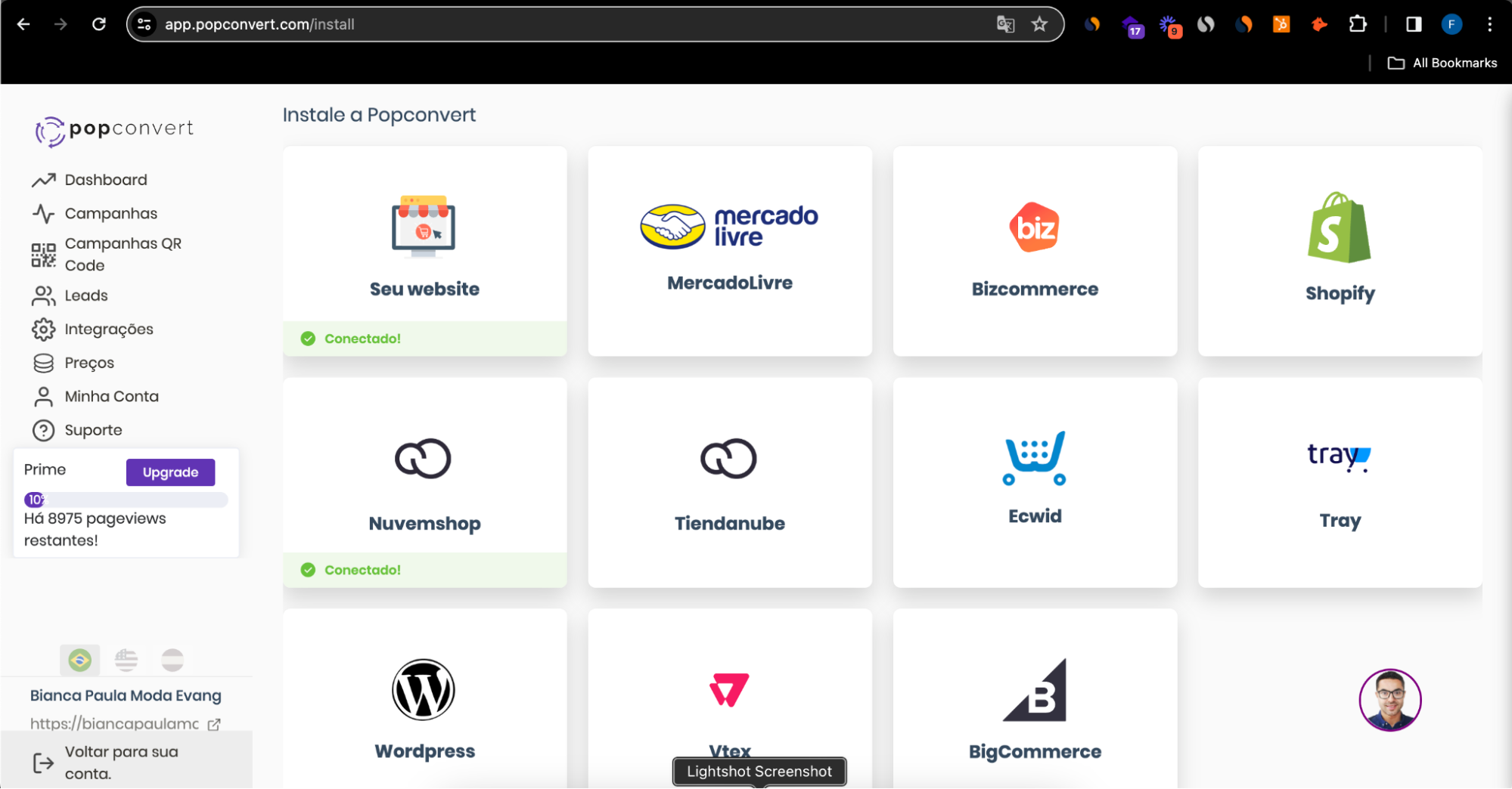 Selecione sua plataforma de e-commerce ou escolha "Seu Website" para instalação manual