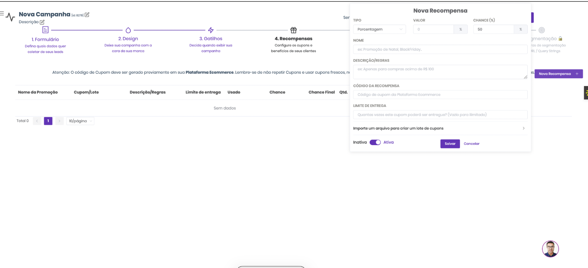 Recompensas (Rewards) — configure cupons, brindes e incentivos