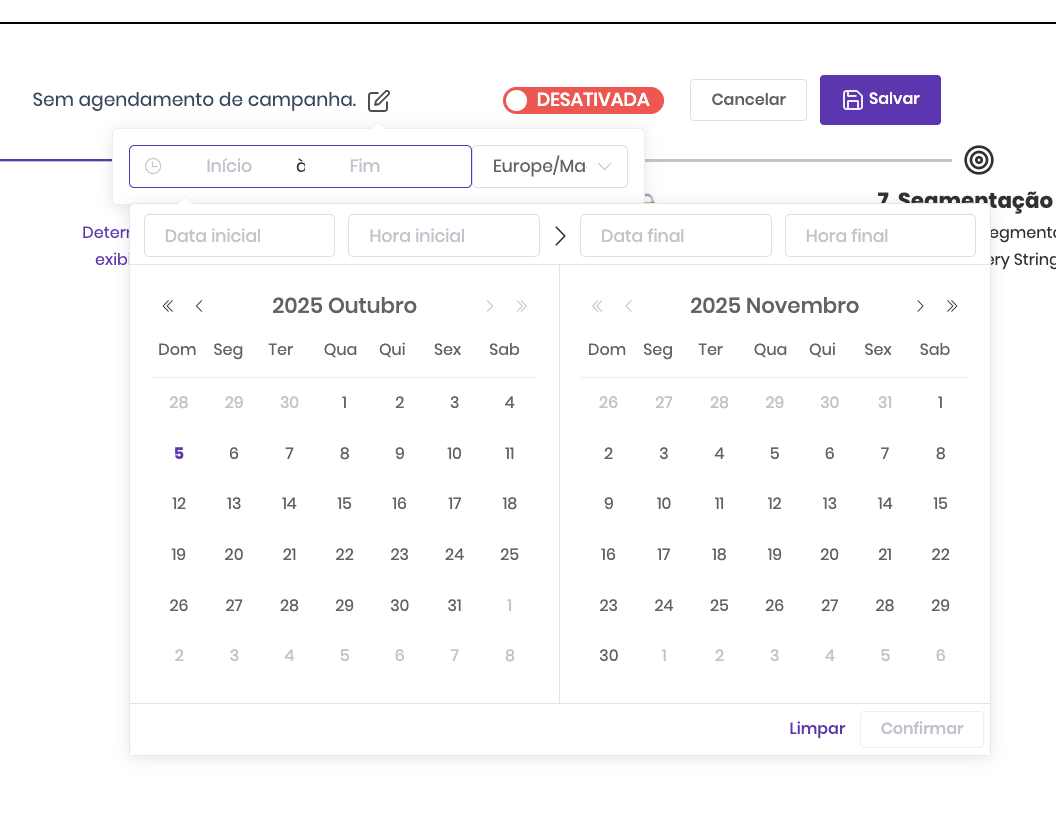Programación de Campañas — establece fecha y hora exactas de inicio y fin