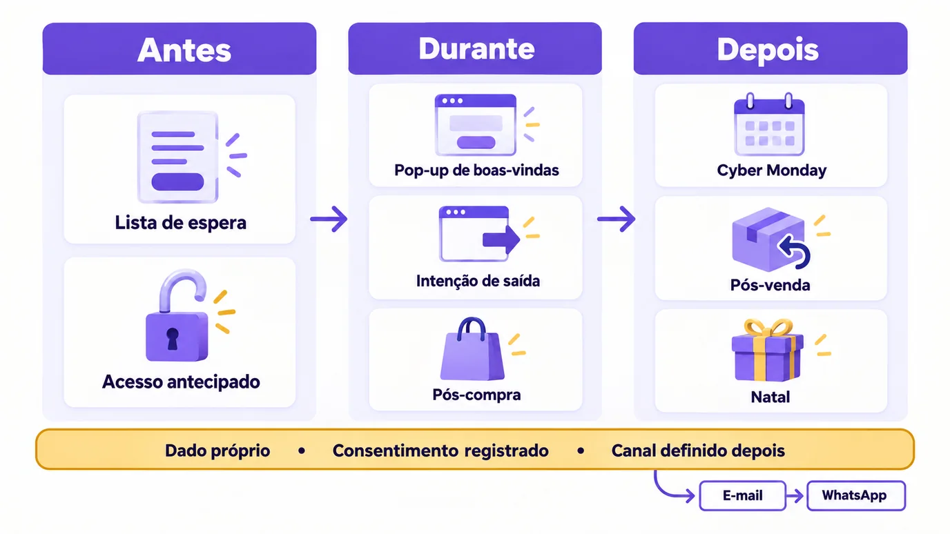 Fluxograma em três colunas mostrando como captar contatos antes, durante e depois da Black Friday, com consentimento registrado e canal definido depois