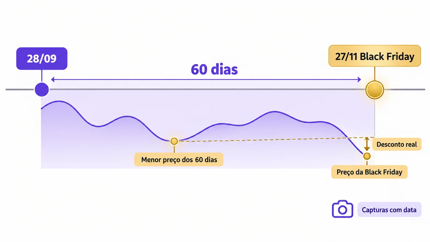 Esquema da janela de 60 dias antes da Black Friday: o desconto real é medido a partir do menor preço praticado no período, e o preço da Black Friday precisa ficar abaixo dele