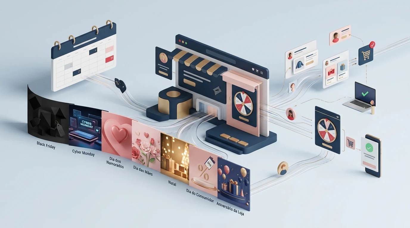 Ilustração editorial de um calendário promocional com Black Friday, Cyber Monday, Dia dos Namorados, Dia das Mães, Natal, Dia do Consumidor e aniversário da loja levando tráfego a uma loja virtual com uma roleta gamificada e, depois, à conversão