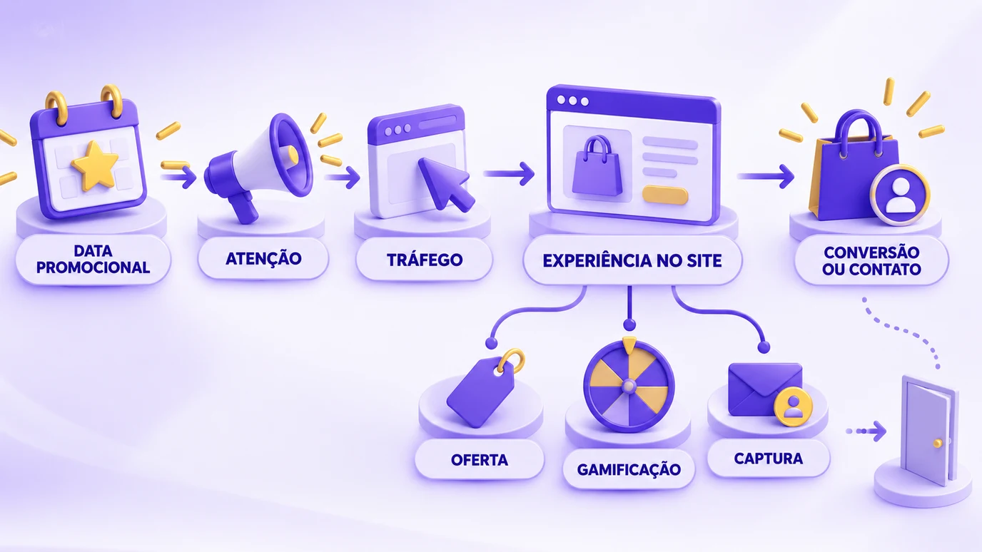 Da data promocional à conversão: atenção, tráfego e a experiência no site, com oferta, gamificação e captura, que decide se a visita vira compra ou contato