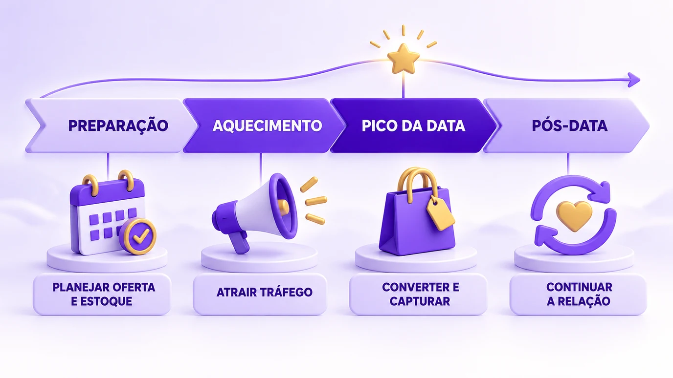 Fases de uma data promocional: preparação, aquecimento, pico da data e pós-data, com a ação de cada fase