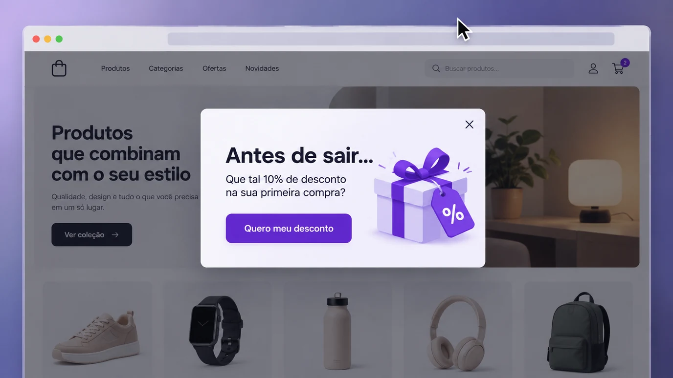 Popup de exit intent em uma loja virtual: Antes de sair, que tal 10% de desconto na sua primeira compra?