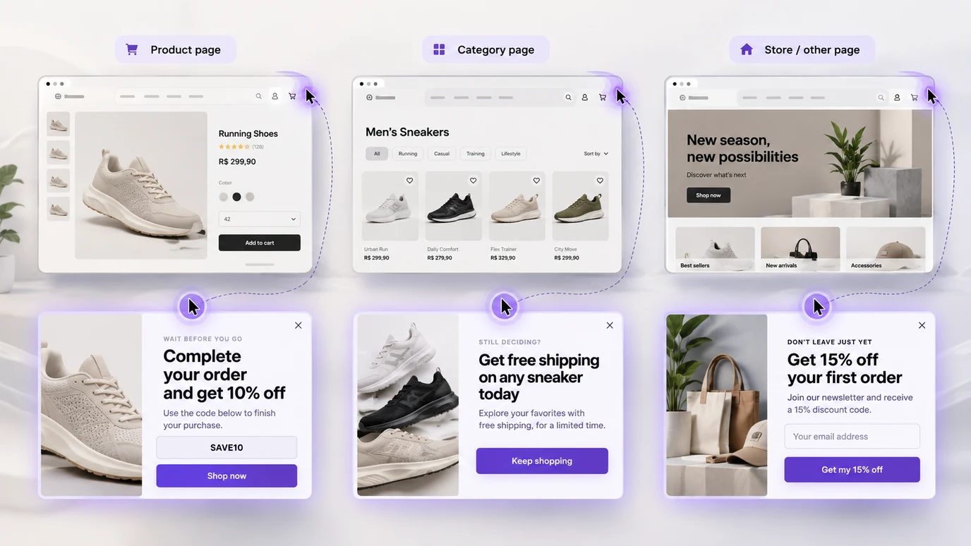 Popups de exit intent diferentes para página de produto, página de categoria e outras páginas da loja