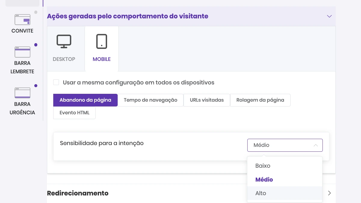 Tela de Gatilhos da Popconvert na aba Mobile, com o gatilho Abandono da página e a opção Sensibilidade para a intenção (baixo, médio e alto)