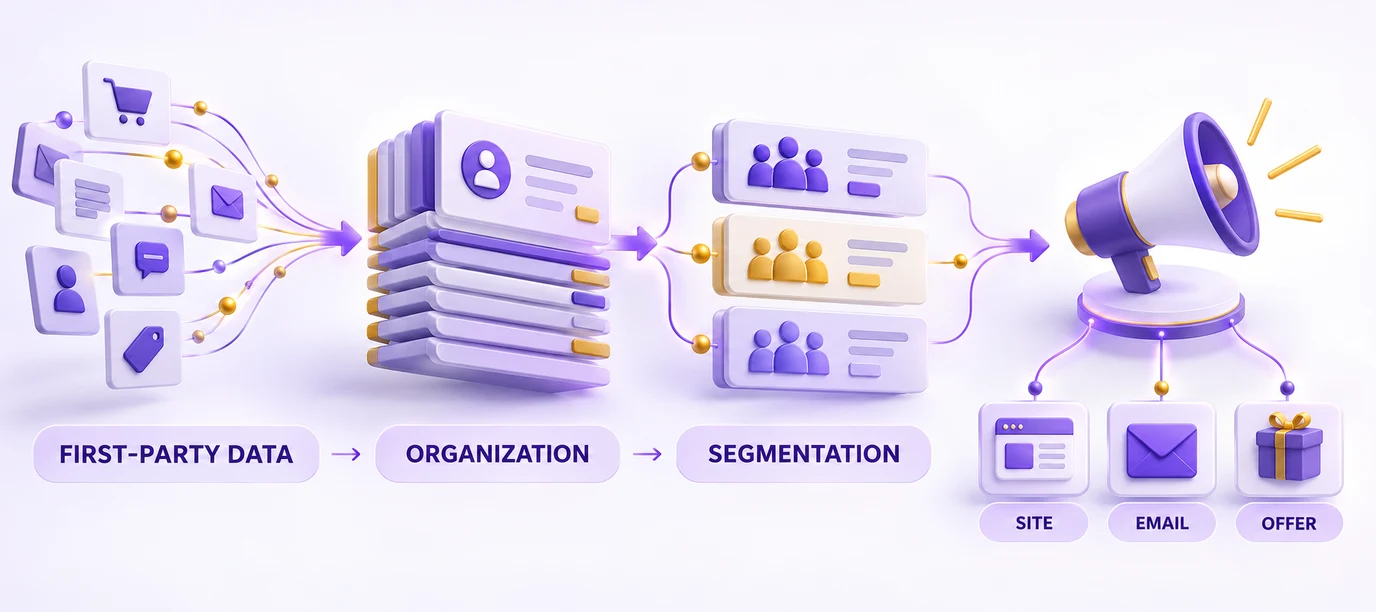 Flow that turns first-party data into segmentation and marketing activation through the site, email and offers