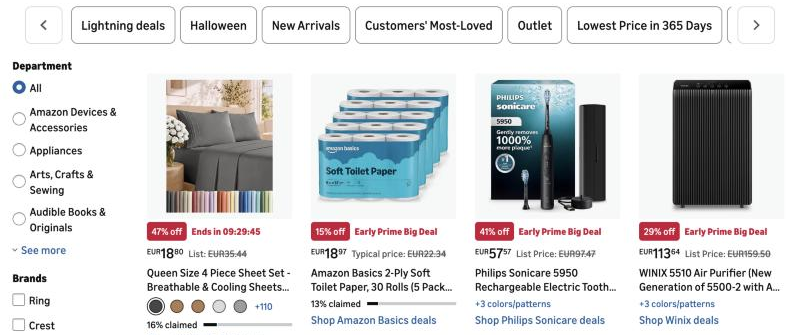 Amazon Today's Deals cards showing percentage-off badges, one with a live countdown and others with an 'Early Prime Big Deal' label, each with a claimed-percentage bar underneath