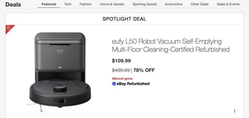eBay's Spotlight Deal for a robot vacuum showing a 78% OFF discount and an 'Almost gone' label, with no countdown or unit count