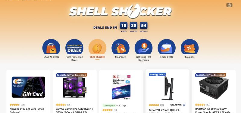 Newegg Shell Shocker page with a 'DEALS END IN' countdown showing hours, minutes and seconds above a row of deal cards