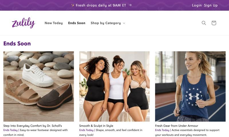 Zulily's Ends Soon collection page with three event tiles, each labeled 'Ends Today'