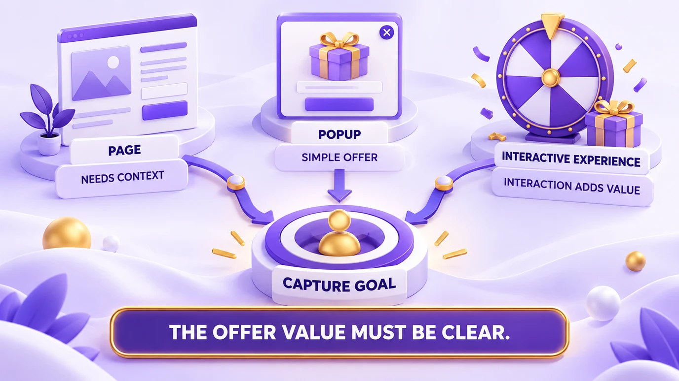 How to choose between a page, a popup or an interactive experience to capture contacts