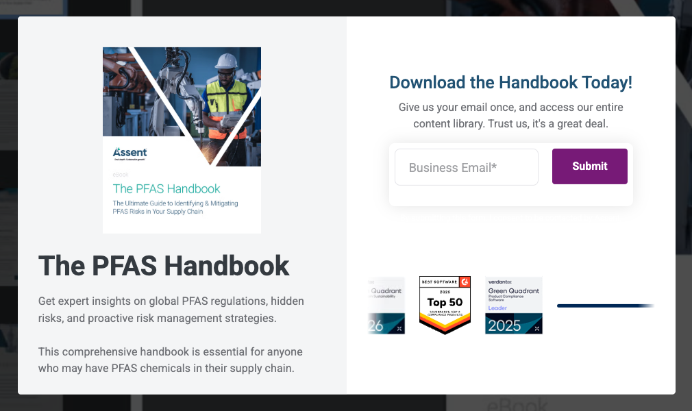 Assent PFAS Handbook panel with the handbook cover and a business email field