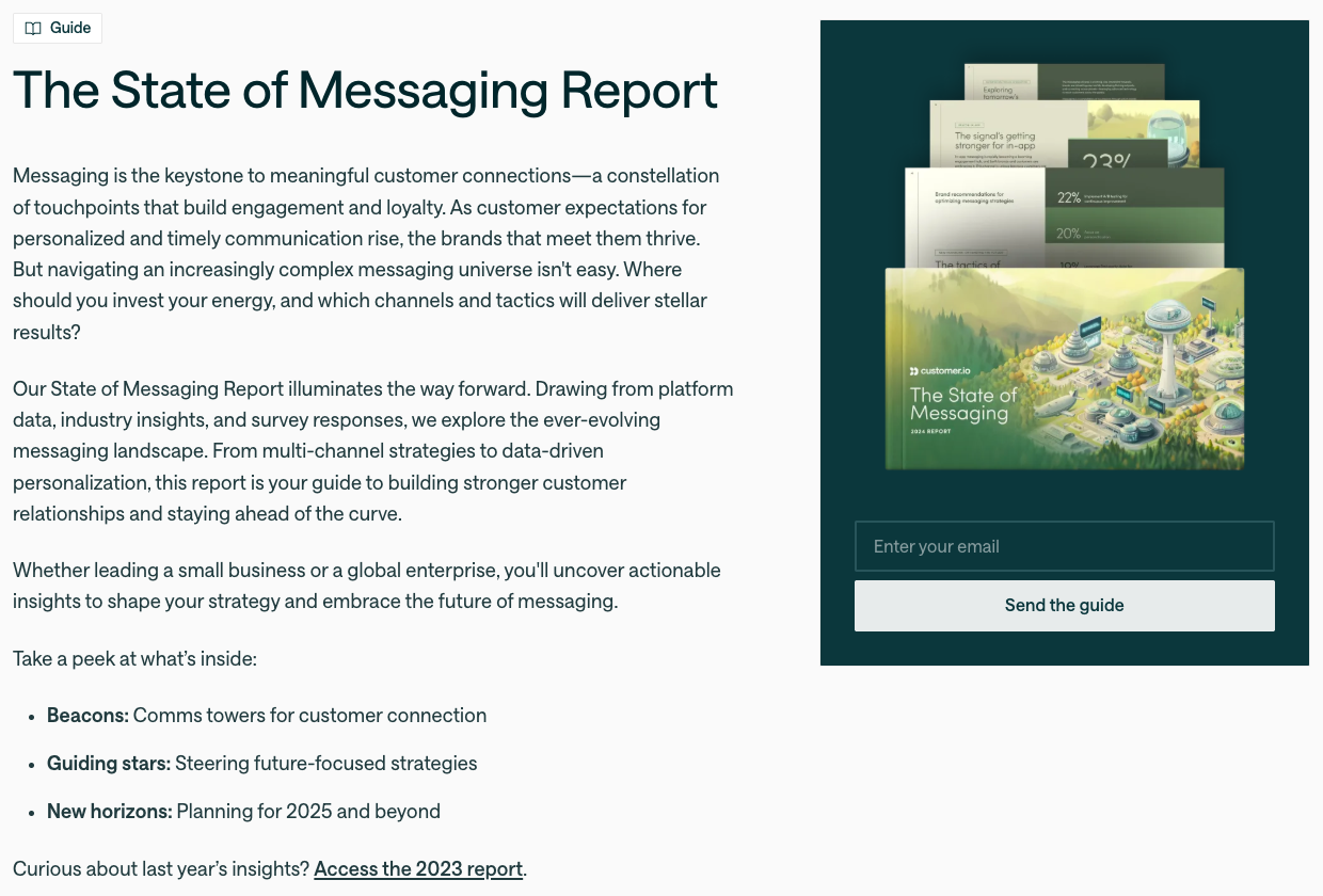 Customer.io State of Messaging Report page with the report cover, an email field and a "Send the guide" button