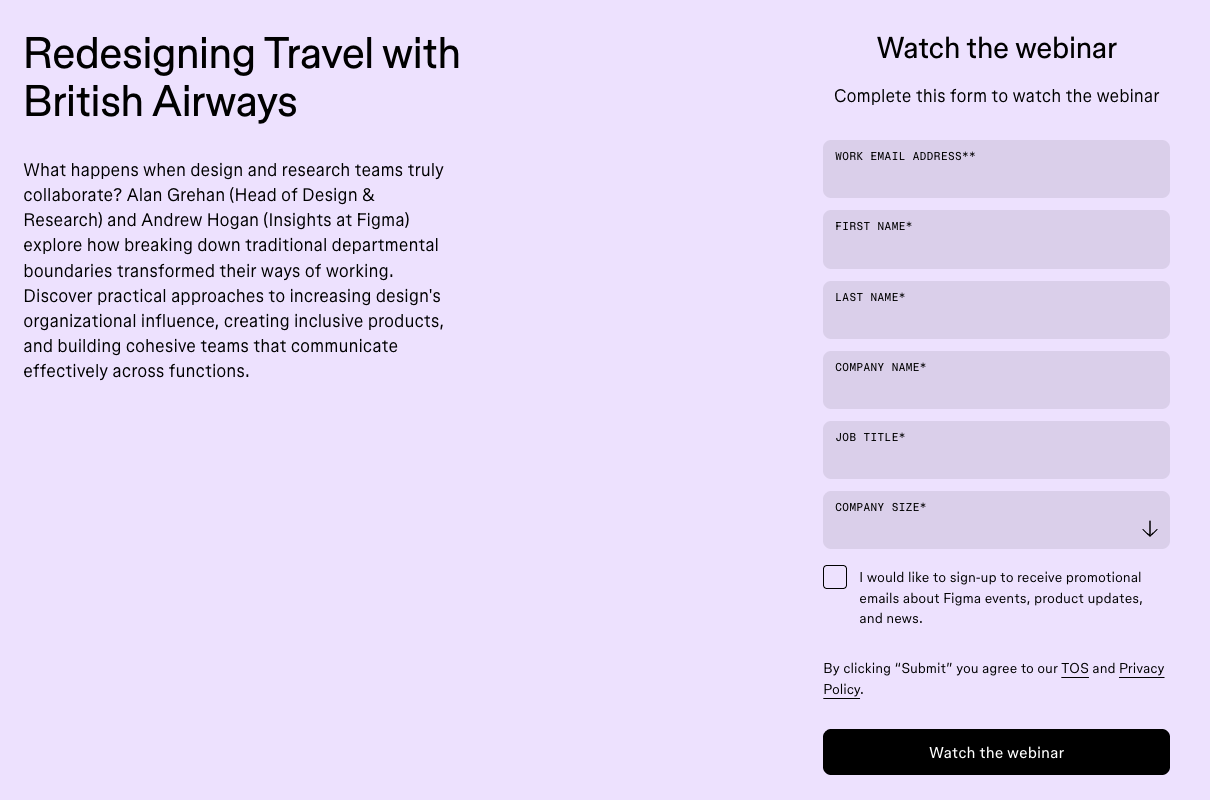 Figma webinar page with a six-field form headed "Watch the webinar"