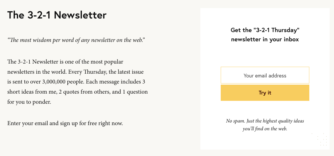 James Clear's 3-2-1 newsletter page with an email field and a "Try it" button