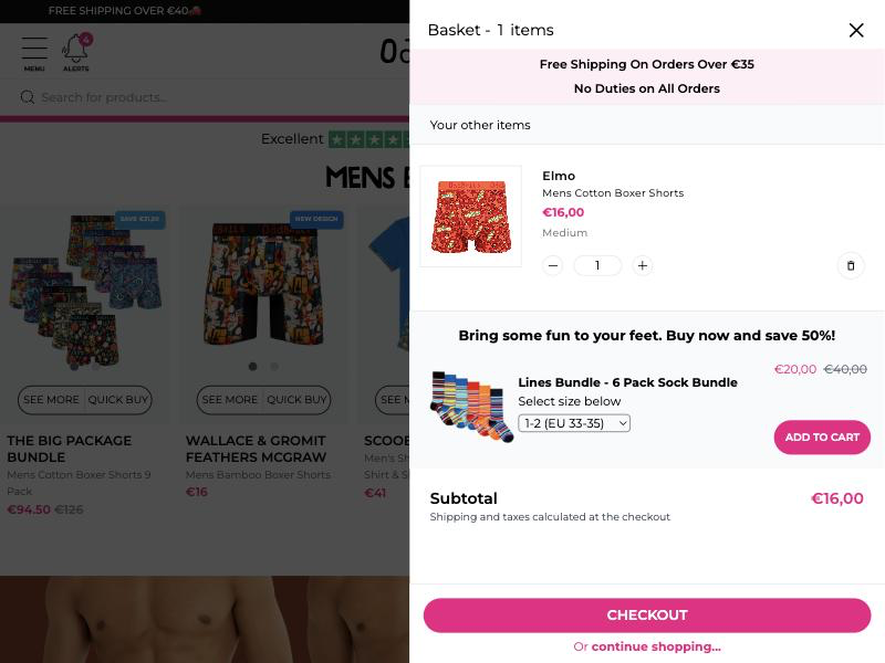 OddBalls cart drawer showing one item added, with an upsell offer for a 6-pack sock bundle at 50% off, a size selector and an ADD TO CART button, above the subtotal