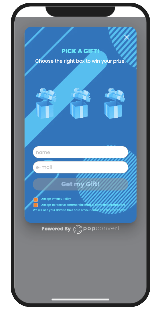 Popup from a campaign created with Popconvert showing three gift boxes and a "Get my Gift!" button