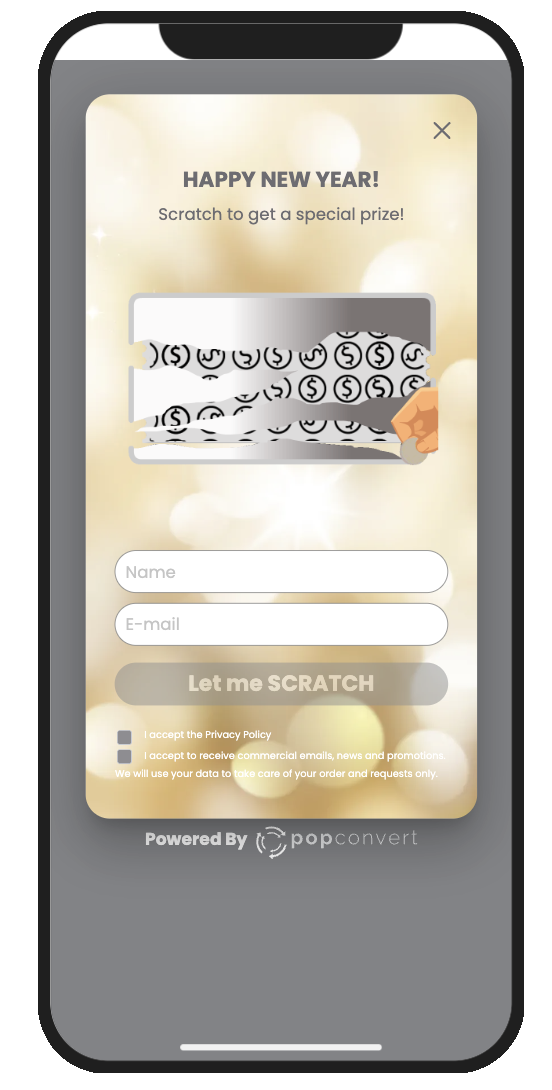 Popup from a campaign created with Popconvert showing a partly scratched card and a "Let me SCRATCH" button