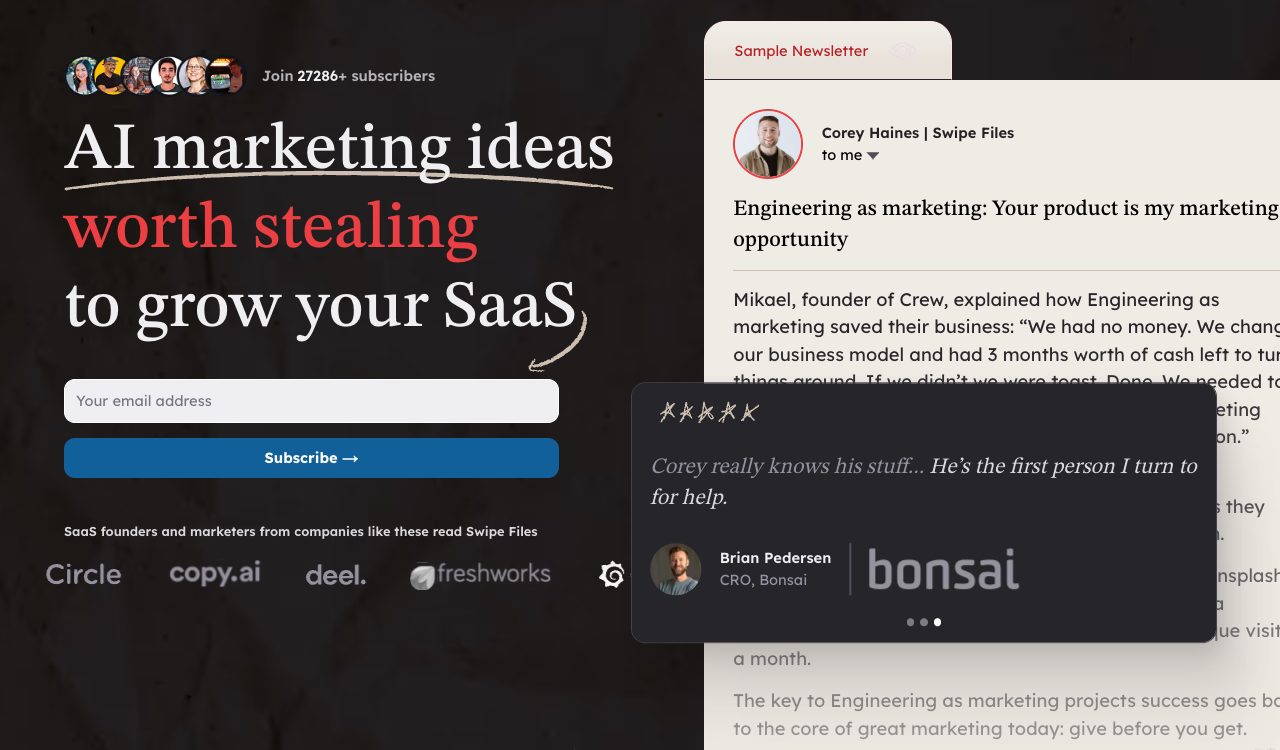 Swipe Files home page with an email field, a "Subscribe" button, a sample newsletter panel and a testimonial card