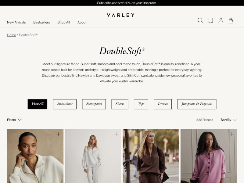 Varley site header with a black announcement bar reading "Subscribe and save 10% on your first order"