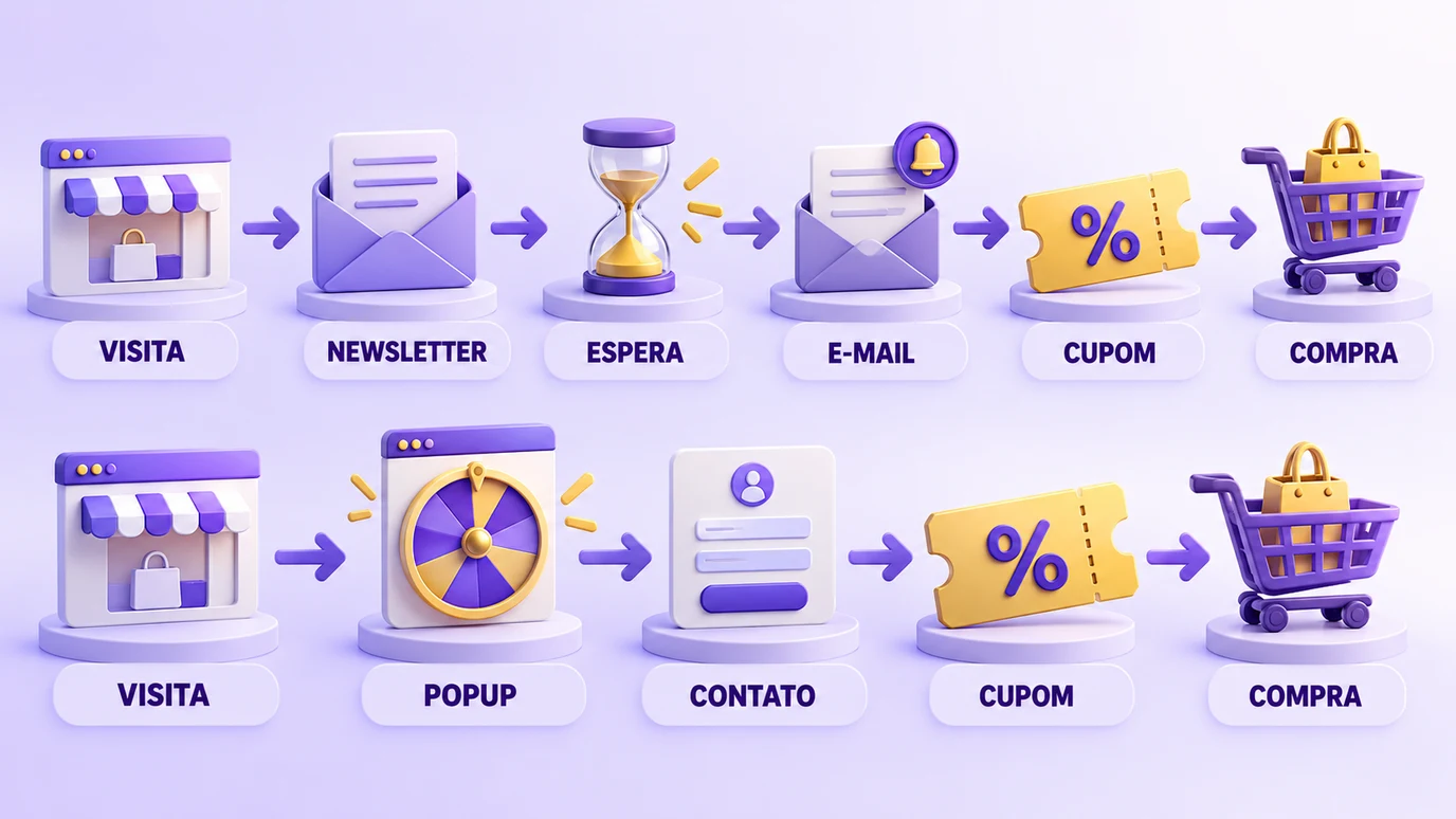 Comparação entre uma jornada de captura por newsletter, com espera pelo e-mail, e uma jornada com popup de boas-vindas e benefício durante a sessão