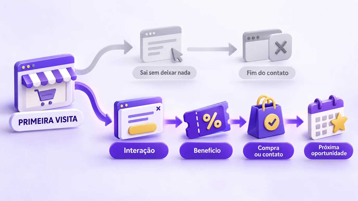 Fluxo de uma primeira visita que se divide em dois caminhos: sair sem deixar nada ou passar por interação, benefício, compra ou contato e próxima oportunidade