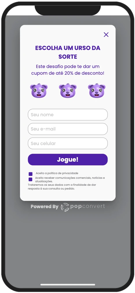Experiência gamificada da Popconvert exibida em um celular, com formulário de captura