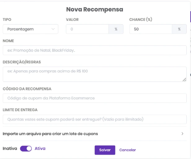 Formulário Nova Recompensa da Popconvert, com tipo, valor, chance, nome, descrição e código da recompensa da plataforma de e-commerce
