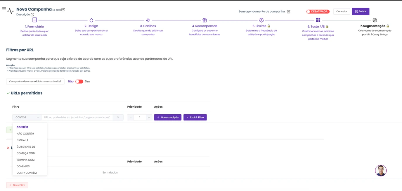 Tela de Segmentação por URL da Popconvert, usada para controlar em quais páginas a campanha aparece