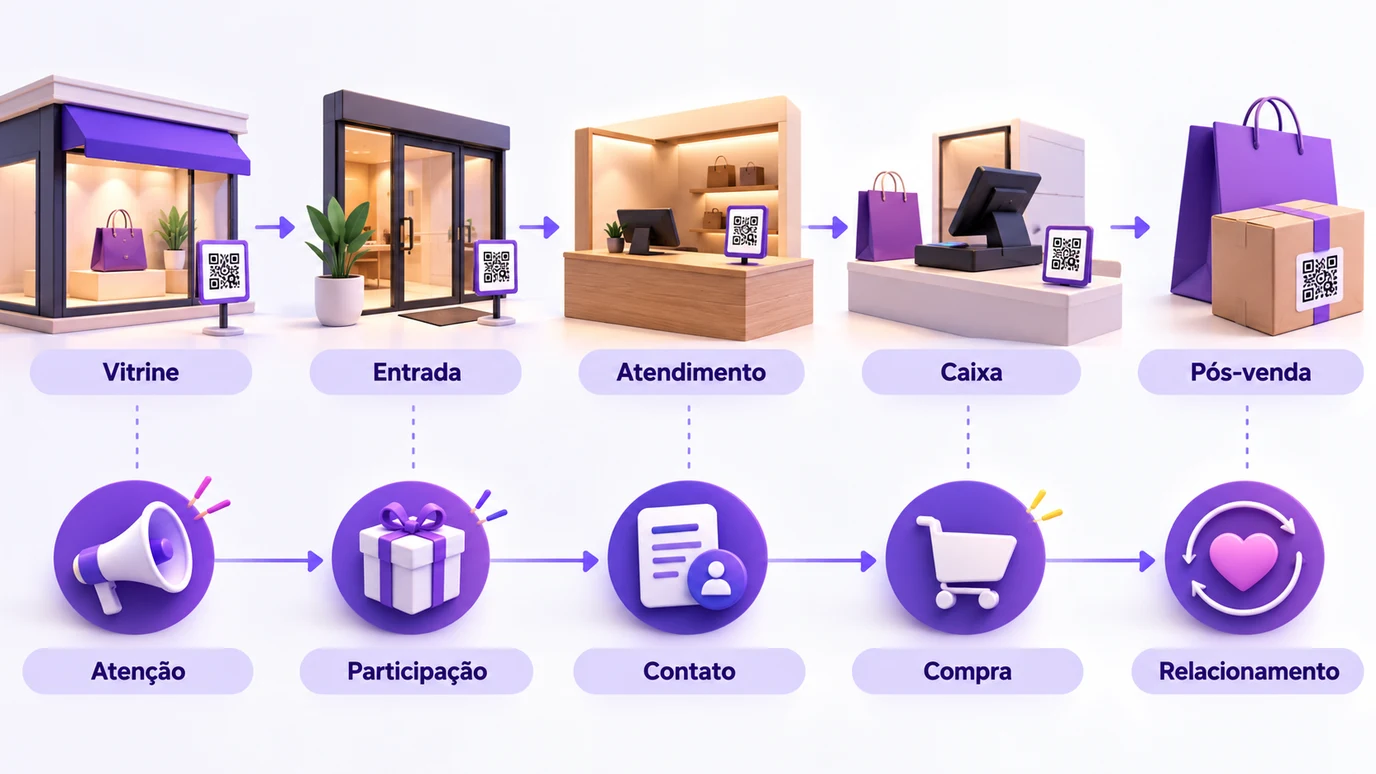 Jornada de uso do QR Code em diferentes pontos da experiência de uma loja física