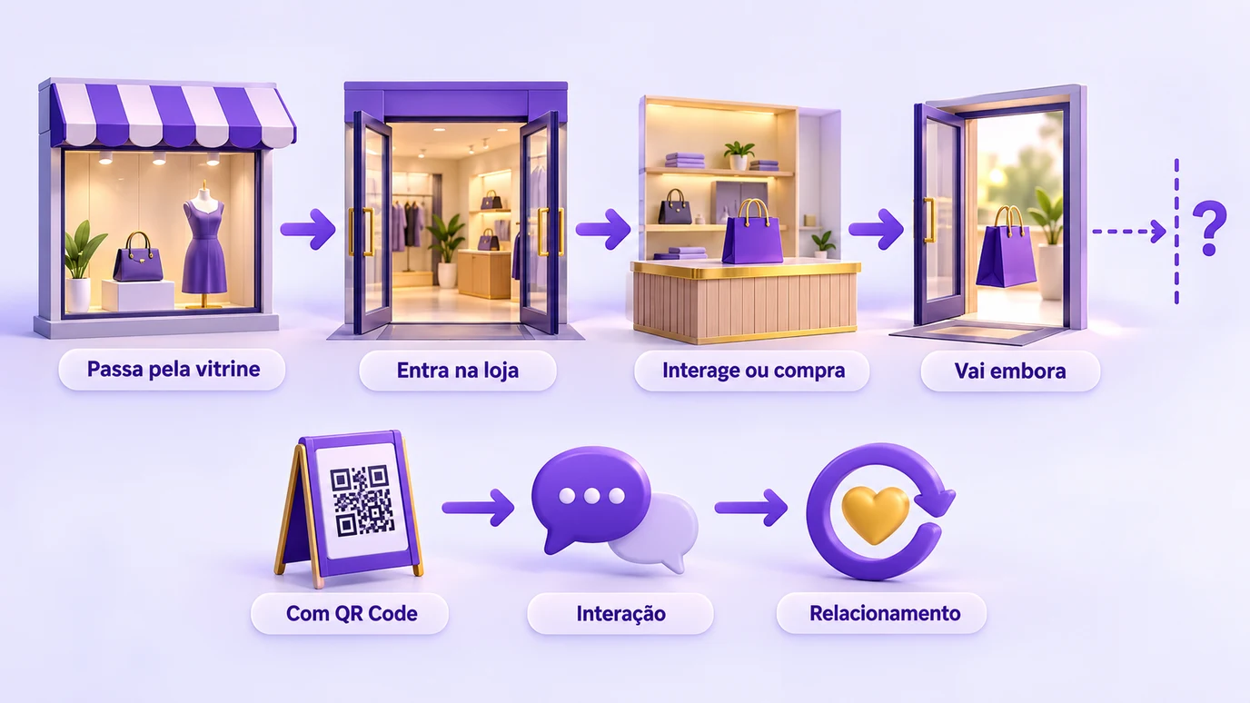 Fluxo de um cliente que passa pela vitrine, entra na loja, interage ou compra e vai embora, seguido da alternativa com QR Code que leva à interação e ao relacionamento