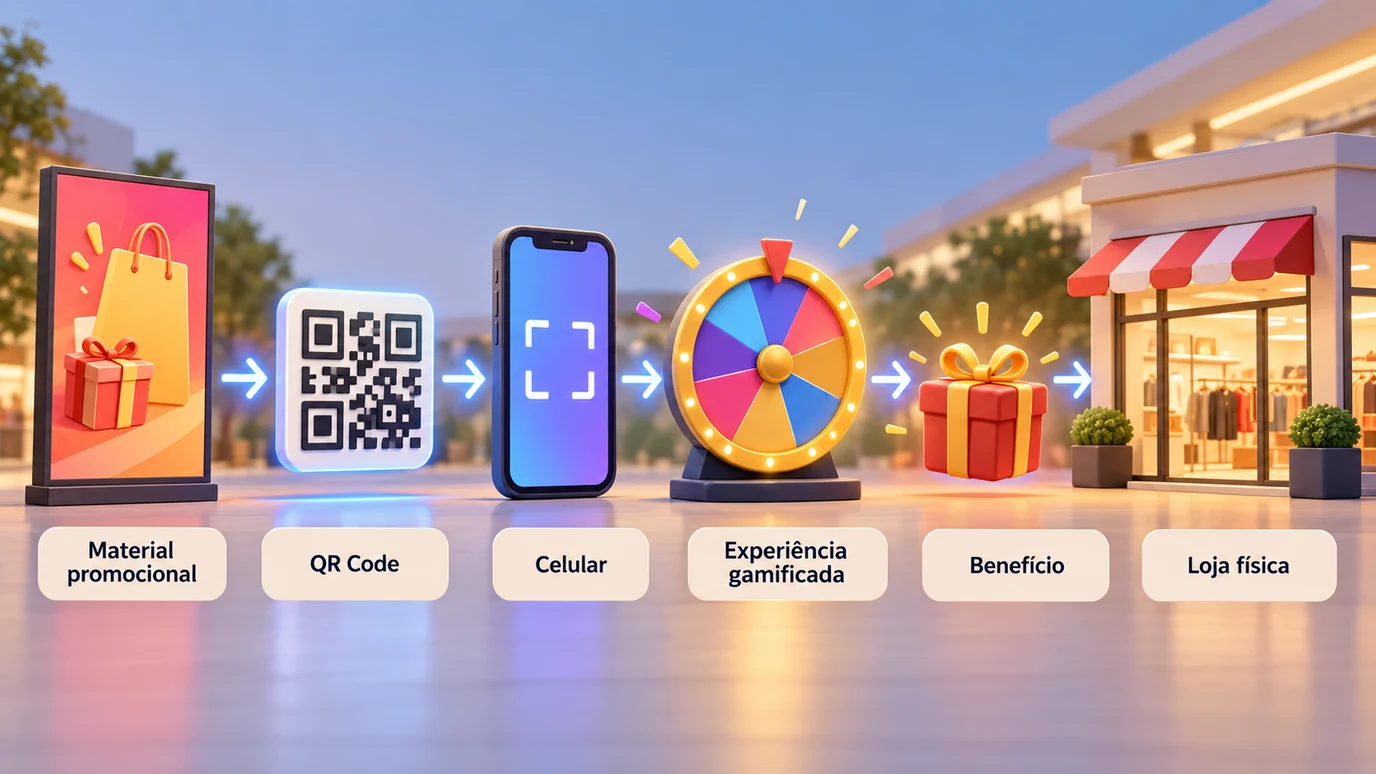 Fluxo mostrando uma promoção física que usa QR Code para levar o cliente até uma experiência digital e depois à loja