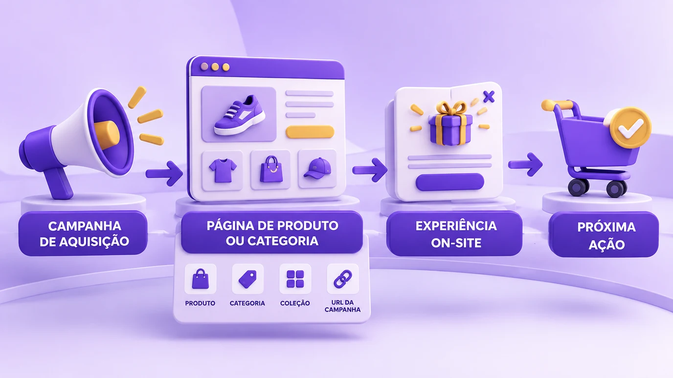 Fluxo de uma campanha de aquisição até a página de produto ou categoria, a experiência on-site e a próxima ação
