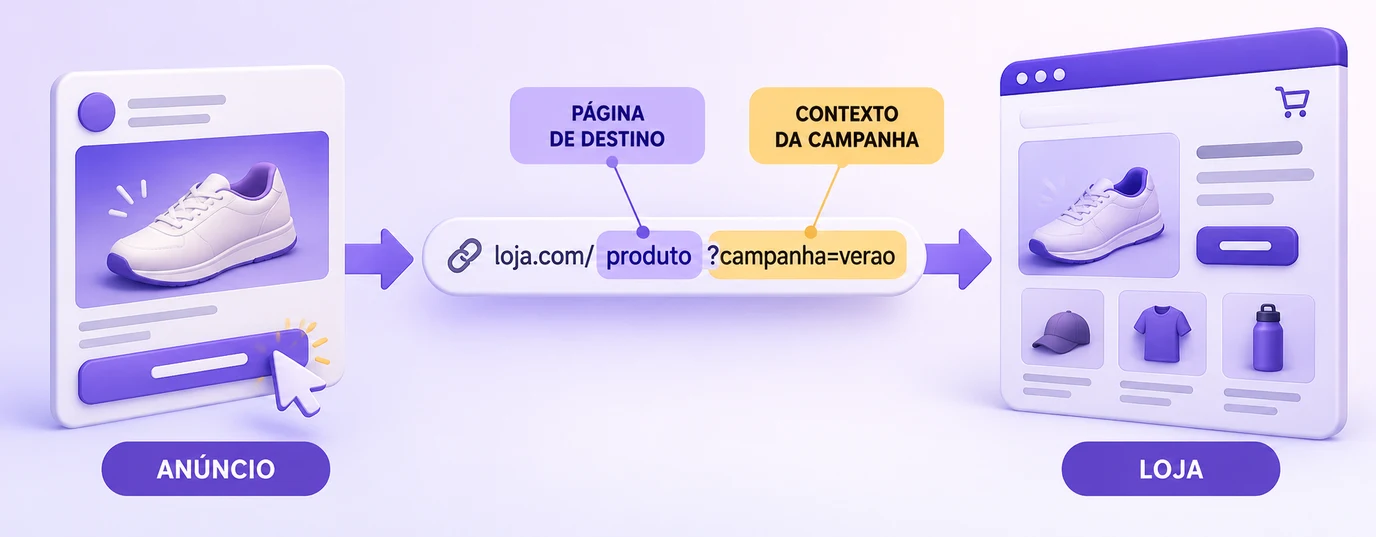 Fluxo de um anúncio que leva a uma URL com a página de destino e o parâmetro de campanha, que chega à página de produto da loja