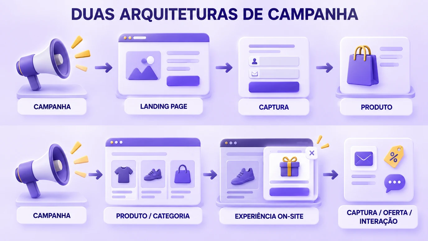 Comparação entre uma campanha que passa por landing page e captura antes do produto e uma campanha que leva direto ao produto ou categoria, com experiência on-site
