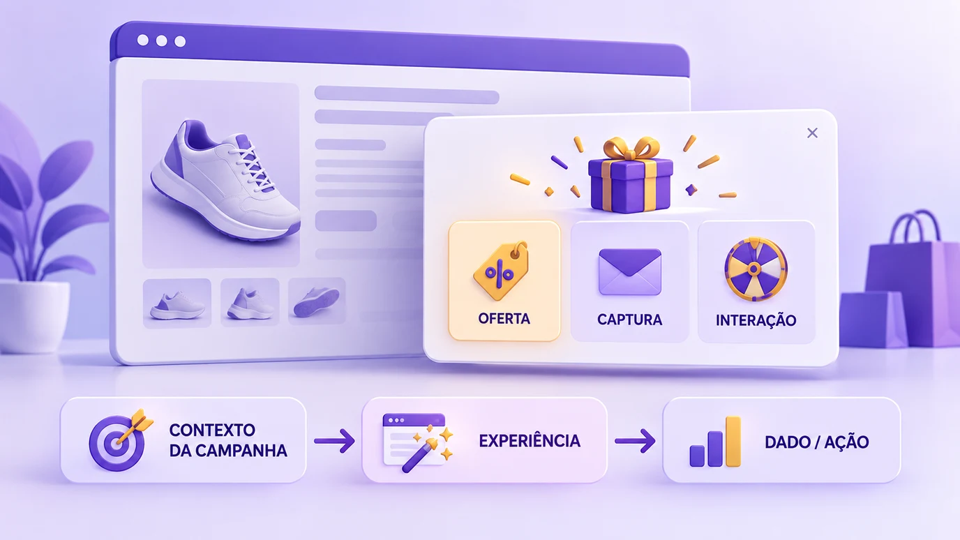 Página de produto com uma experiência on-site sobreposta que pode combinar oferta, captura e interação, ligada ao contexto da campanha e ao dado gerado