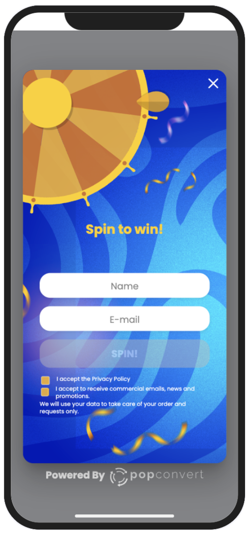 Spin-the-wheel gamified popup shown on a phone screen, a campaign created with Popconvert
