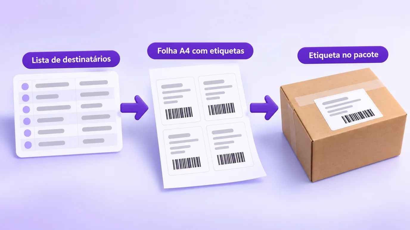 Da lista de destinatários à folha A4 com etiquetas e ao pacote com a etiqueta colada