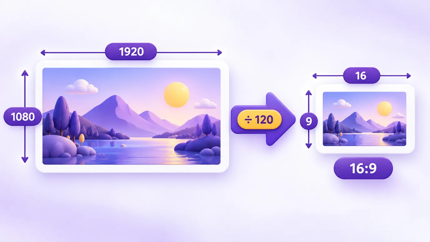 Como calcular a proporção: 1920 por 1080 pixels, dividido por 120, resulta em 16:9