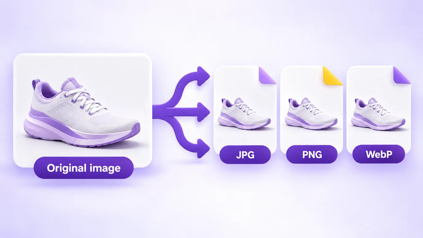One original image converted into three formats: JPG, PNG and WebP