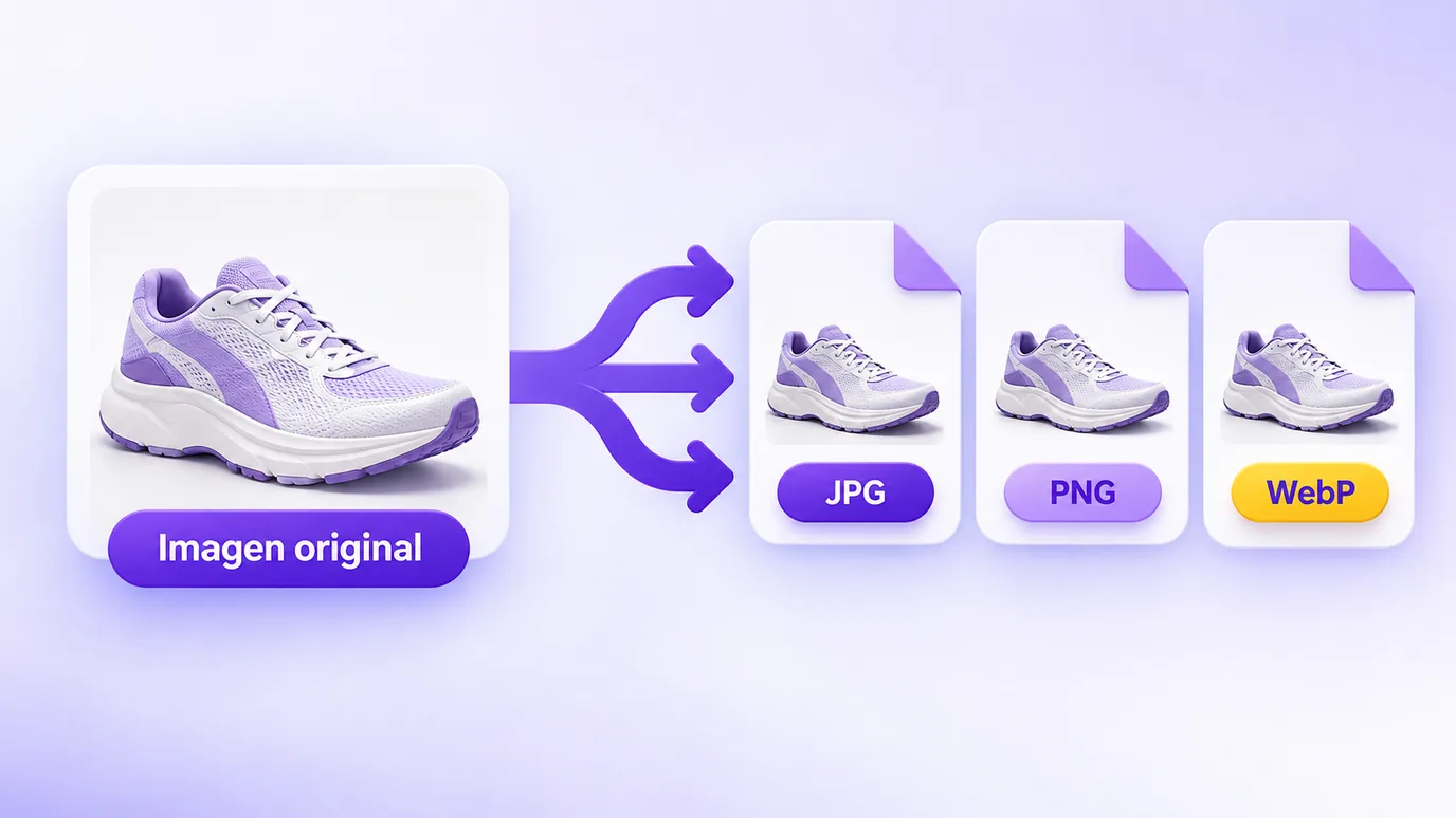 Una imagen original convertida en tres formatos: JPG, PNG y WebP