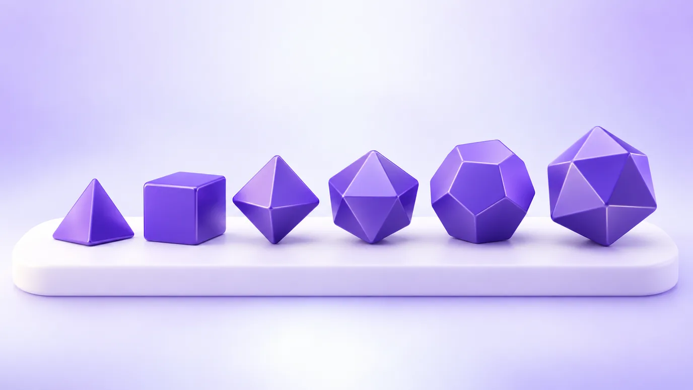 Los dados D4, D6, D8, D10, D12 y D20 uno al lado del otro