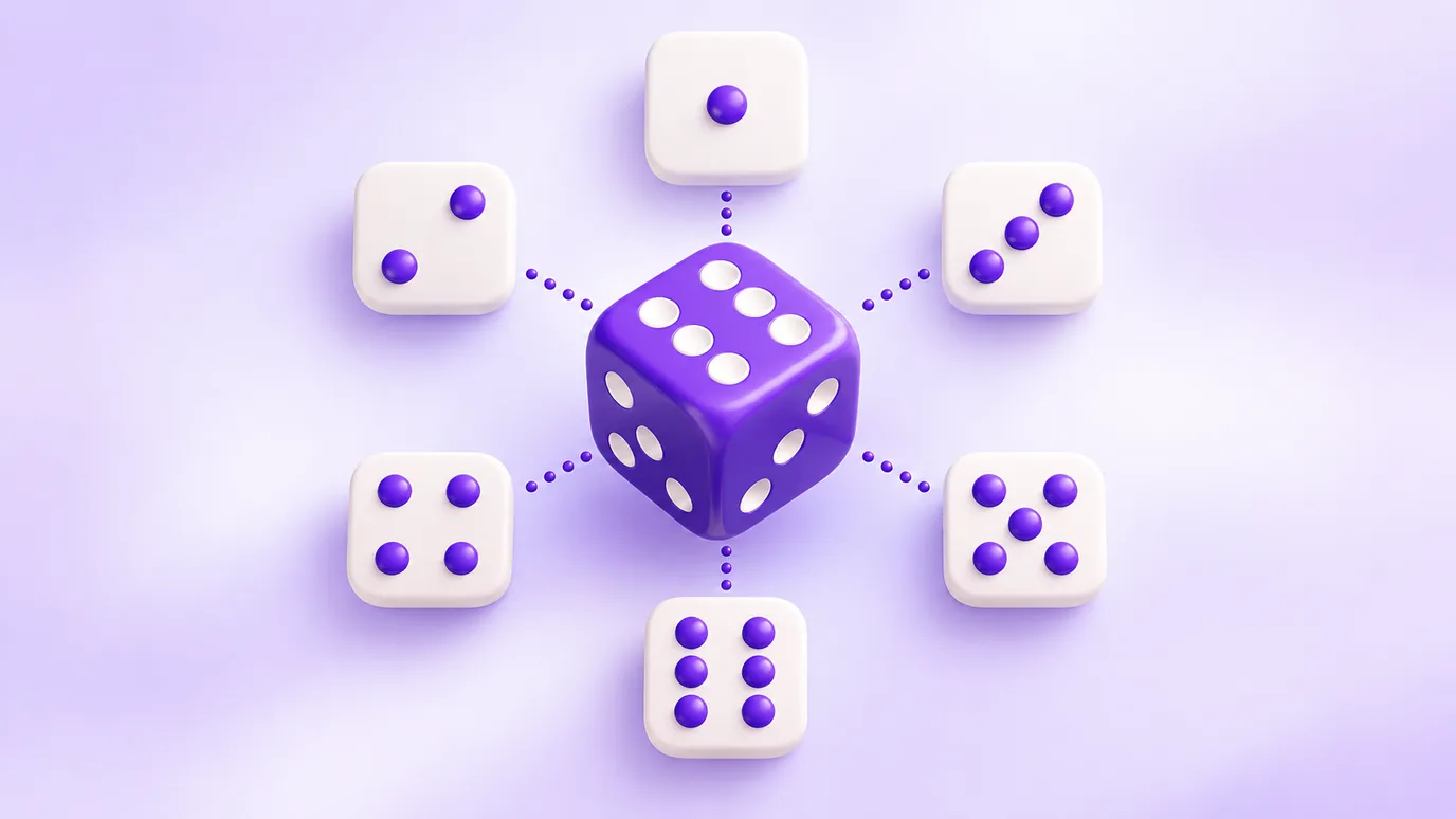 A six-sided die next to six equal marks, showing the same chance for every face