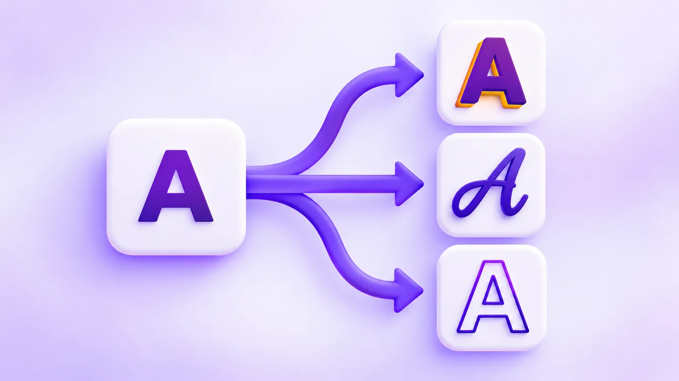 Uma letra A simples com uma seta para três outras letras A de formatos diferentes, sugerindo troca de caracteres