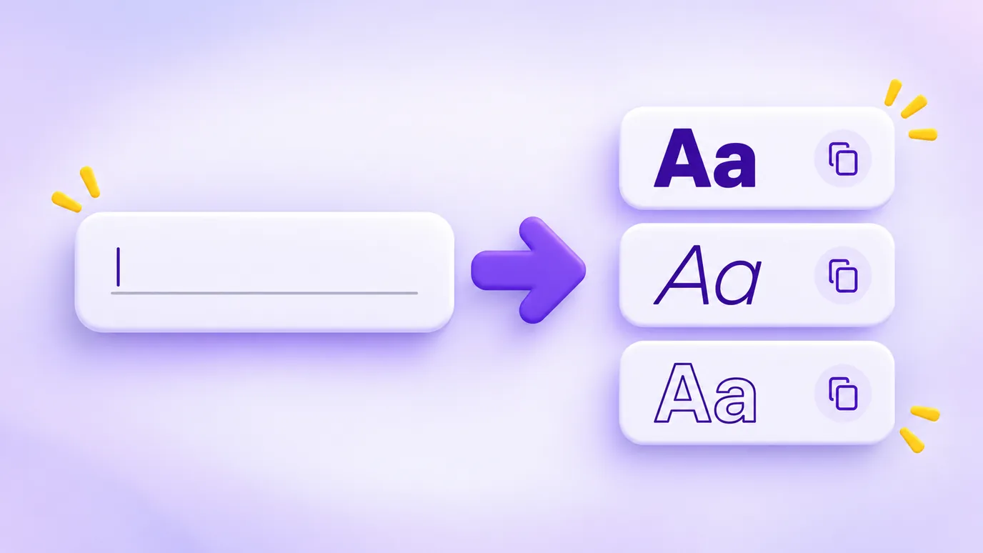 Um campo de texto com cursor e, ao lado, três cartões com "Aa" em negrito, itálico e contornado, cada um com um ícone de copiar