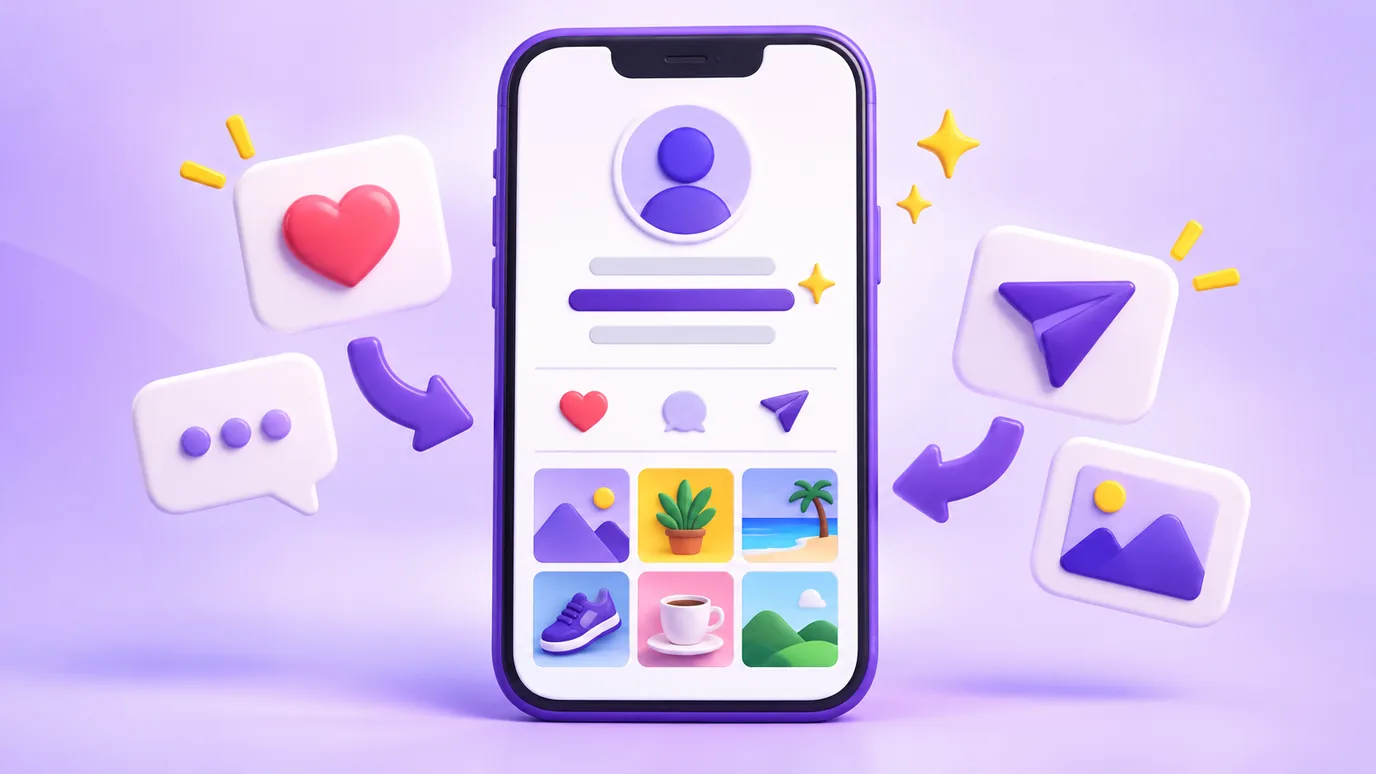 Uma tela de perfil de rede social genérica no celular, com a linha da bio em destaque e ícones de curtir e comentar