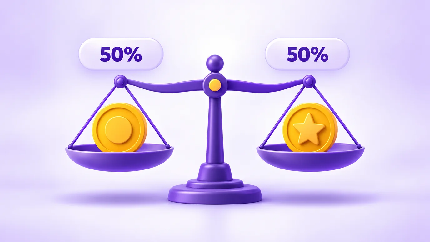 A balanced scale with a coin on each pan and a 50% mark on each side
